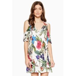 Parker Elana Floral Cold Shoulder Ruffle White and Pink Mini Dress Medium